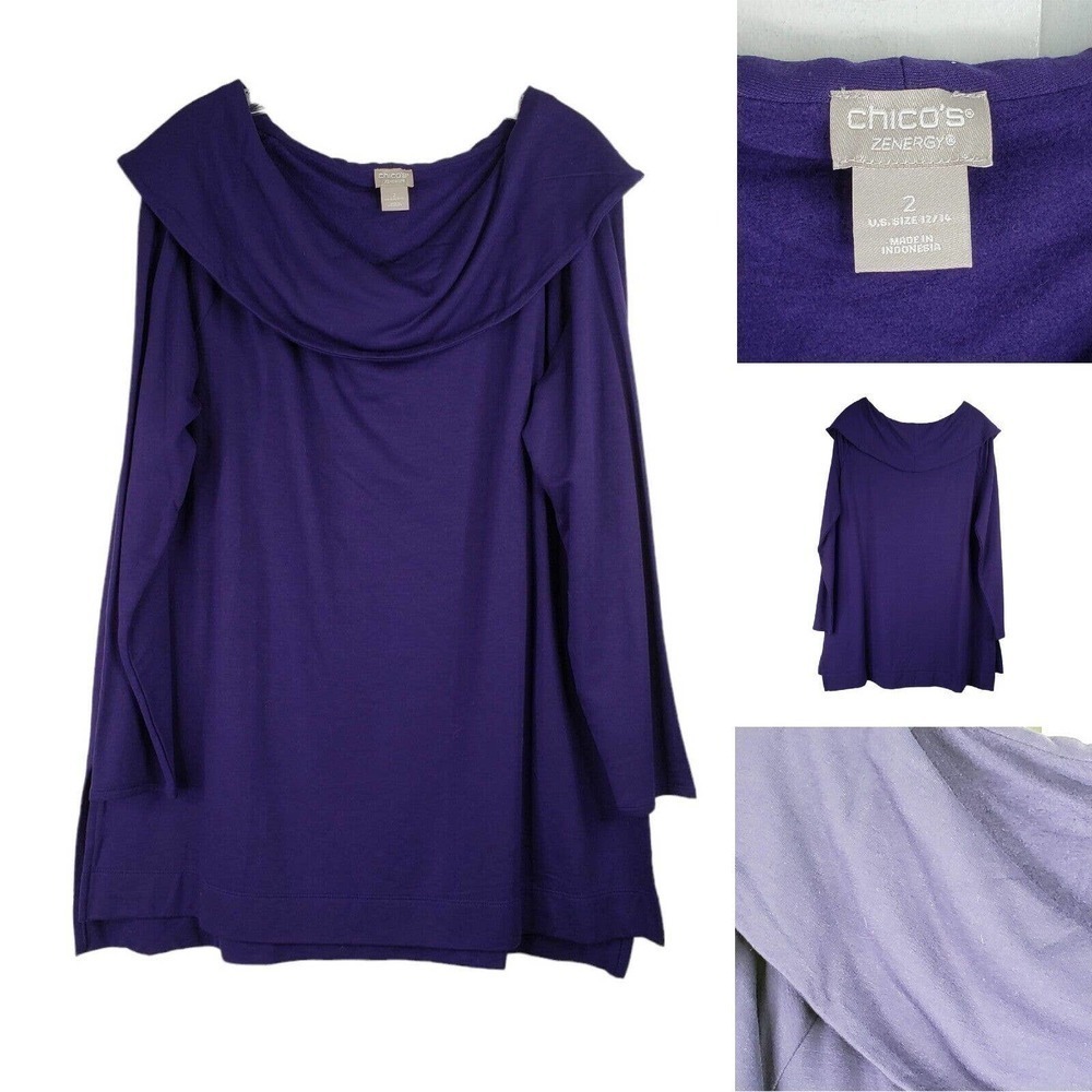 Chicos Shirt Tunic Womens Size 12/14 Solid Purple Off The Shoulder LS Top